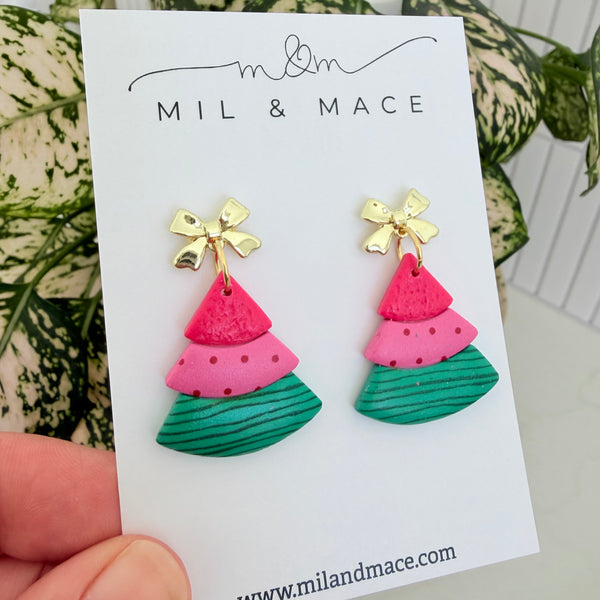 Layered Pink, Red and Green Christmas Trees  Polymer Clay Dangle Earrings