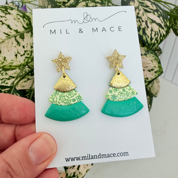Layered Green and Gold Christmas Trees  Polymer Clay Dangle Earrings