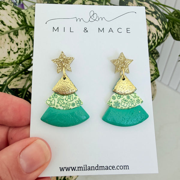 Layered Green and Gold Christmas Trees  Polymer Clay Dangle Earrings