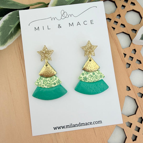 Layered Green and Gold Christmas Trees  Polymer Clay Dangle Earrings