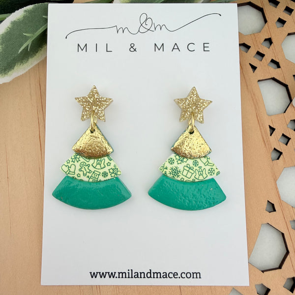 Layered Green and Gold Christmas Trees  Polymer Clay Dangle Earrings