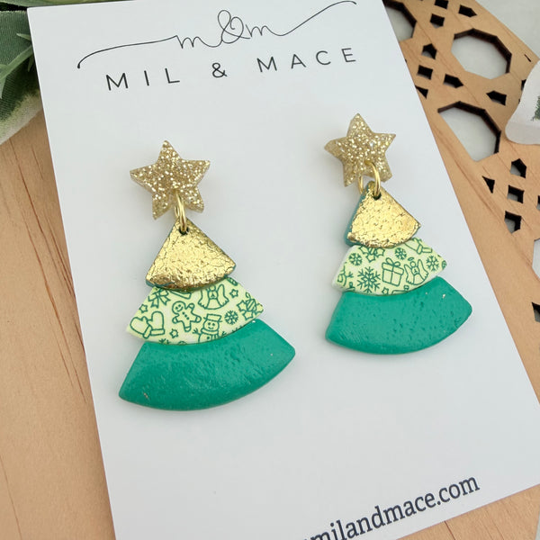 Layered Green and Gold Christmas Trees  Polymer Clay Dangle Earrings