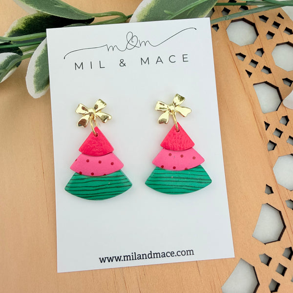 Layered Pink, Red and Green Christmas Trees  Polymer Clay Dangle Earrings