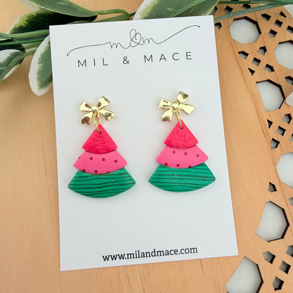 Layered Pink, Red and Green Christmas Trees  Polymer Clay Dangle Earrings