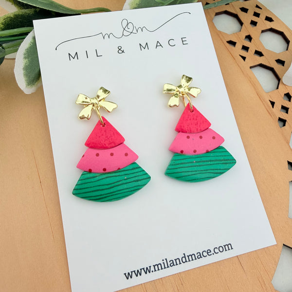 Layered Pink, Red and Green Christmas Trees  Polymer Clay Dangle Earrings