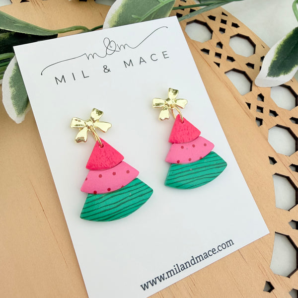 Layered Pink, Red and Green Christmas Trees  Polymer Clay Dangle Earrings