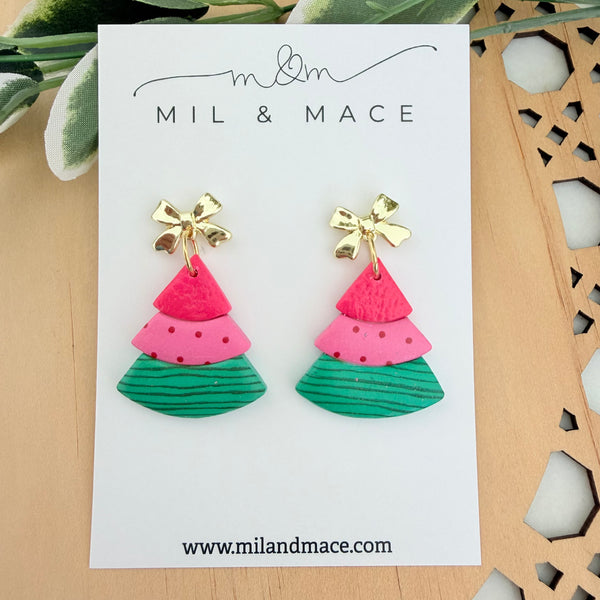 Layered Pink, Red and Green Christmas Trees  Polymer Clay Dangle Earrings