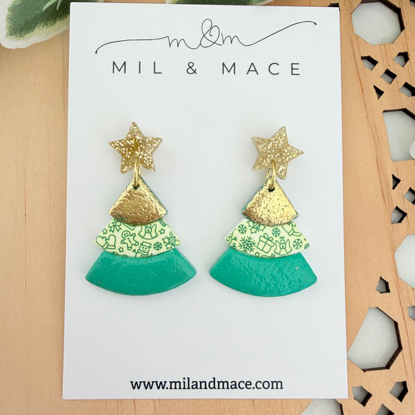Layered Green and Gold Christmas Trees  Polymer Clay Dangle Earrings