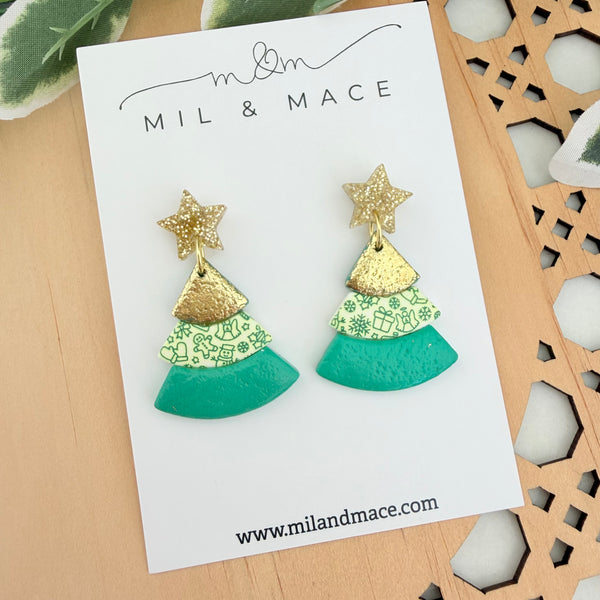 Layered Green and Gold Christmas Trees  Polymer Clay Dangle Earrings