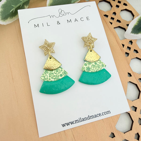 Layered Green and Gold Christmas Trees  Polymer Clay Dangle Earrings