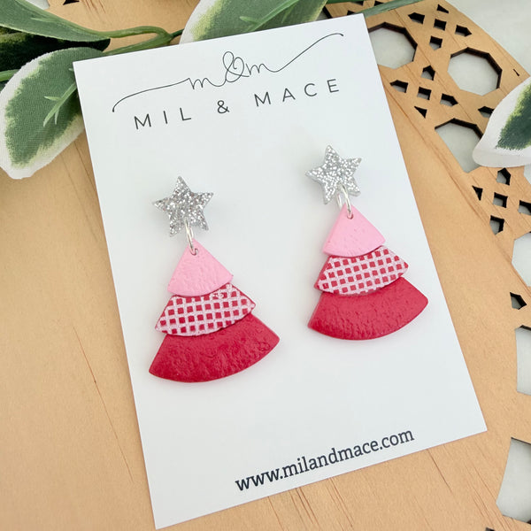 Layered Pink and Red Christmas Trees  Polymer Clay Dangle Earrings