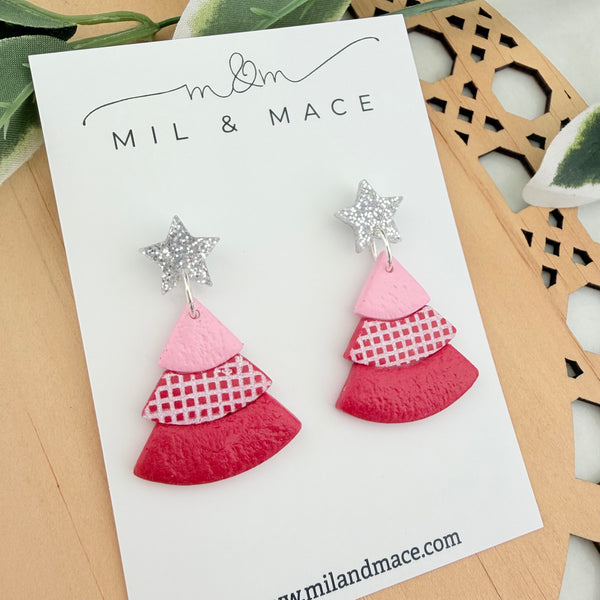 Layered Pink and Red Christmas Trees  Polymer Clay Dangle Earrings