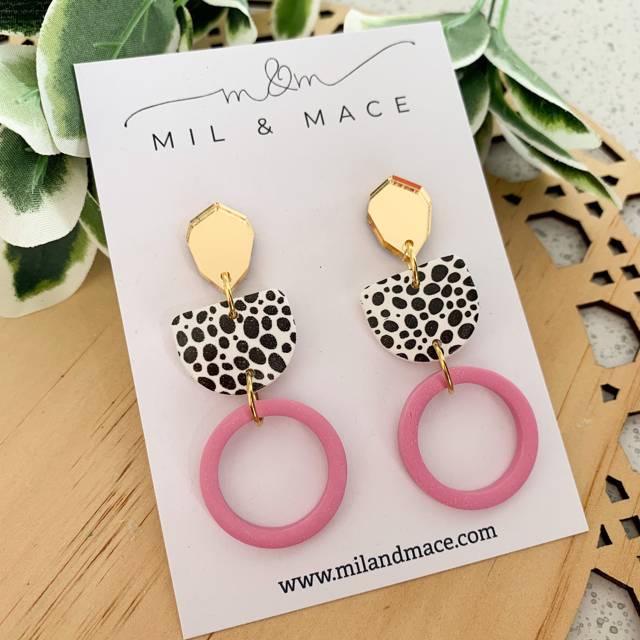 Pink and Black Polymer Clay Dangle Earrings
