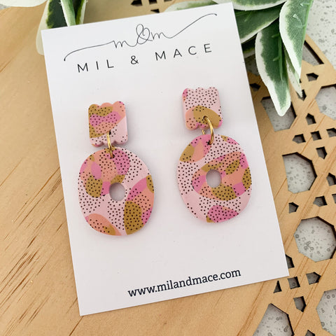 Mustard and Pink Spot Dangle Earrings