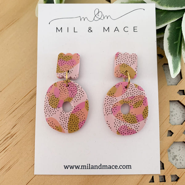 Mustard and Pink Spot Dangle Earrings