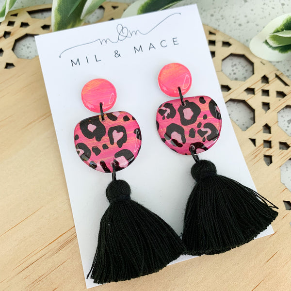 Pink Leopard Yupo Tassel Dangle Earrings