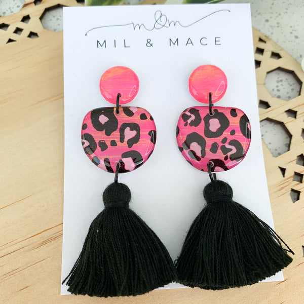 Pink Leopard Yupo Tassel Dangle Earrings