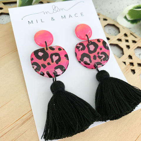 Pink Leopard Yupo Tassel Dangle Earrings