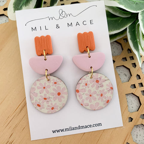 Pink and Orange Printed Cork and Polymer Clay Dangle Earrings