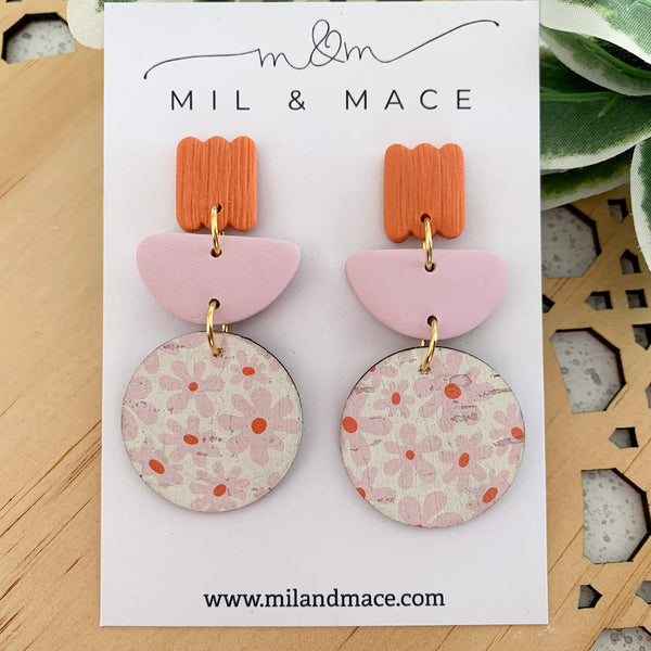 Pink and Orange Printed Cork and Polymer Clay Dangle Earrings