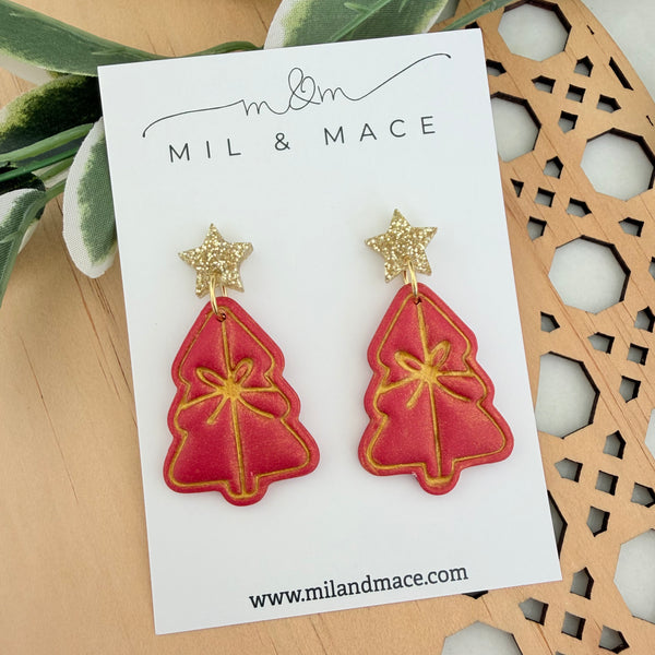 Green Bow Christmas Trees  Polymer Clay Dangle Earrings