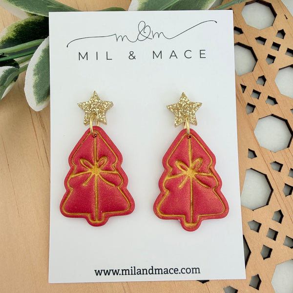 Green Bow Christmas Trees  Polymer Clay Dangle Earrings