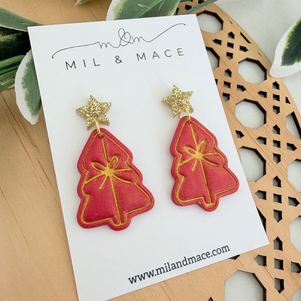 Green Bow Christmas Trees  Polymer Clay Dangle Earrings