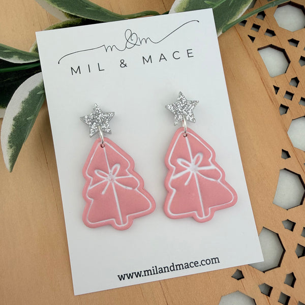 Pastel Pink Bow Christmas Trees  Polymer Clay Dangle Earrings