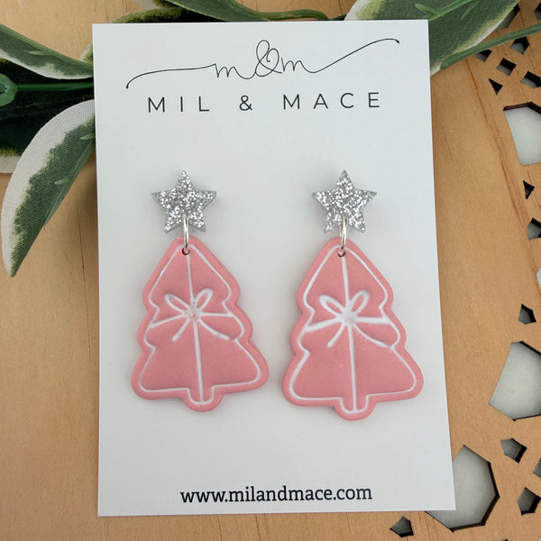 Pastel Pink Bow Christmas Trees  Polymer Clay Dangle Earrings