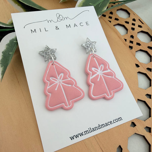 Pastel Pink Bow Christmas Trees  Polymer Clay Dangle Earrings