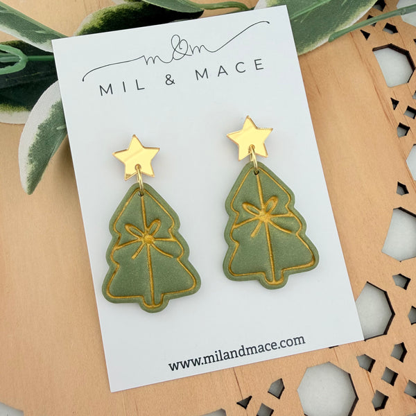 Green Bow Christmas Trees  Polymer Clay Dangle Earrings