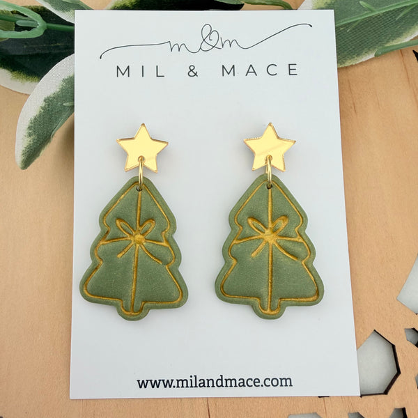Green Bow Christmas Trees  Polymer Clay Dangle Earrings
