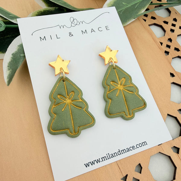 Green Bow Christmas Trees  Polymer Clay Dangle Earrings