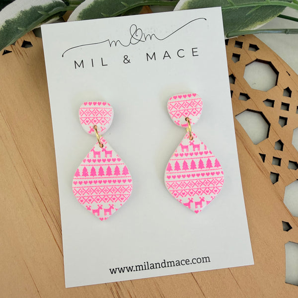 Neon Pink Christmas Polymer Clay Dangle Earrings