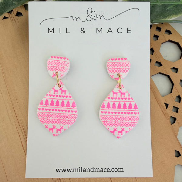 Neon Pink Christmas Polymer Clay Dangle Earrings