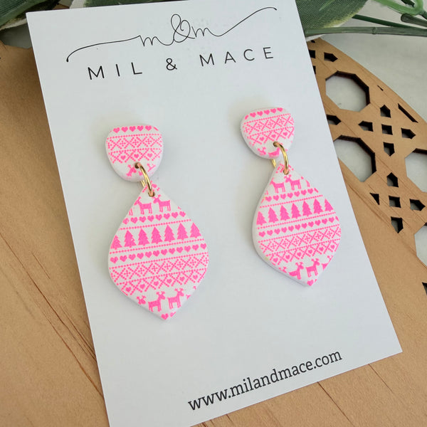 Neon Pink Christmas Polymer Clay Dangle Earrings
