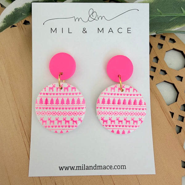 Neon Pink Christmas Polymer Clay Dangle Earrings