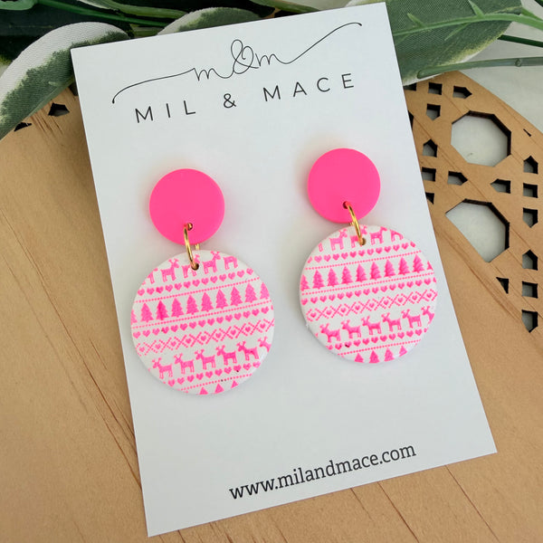 Neon Pink Christmas Polymer Clay Dangle Earrings