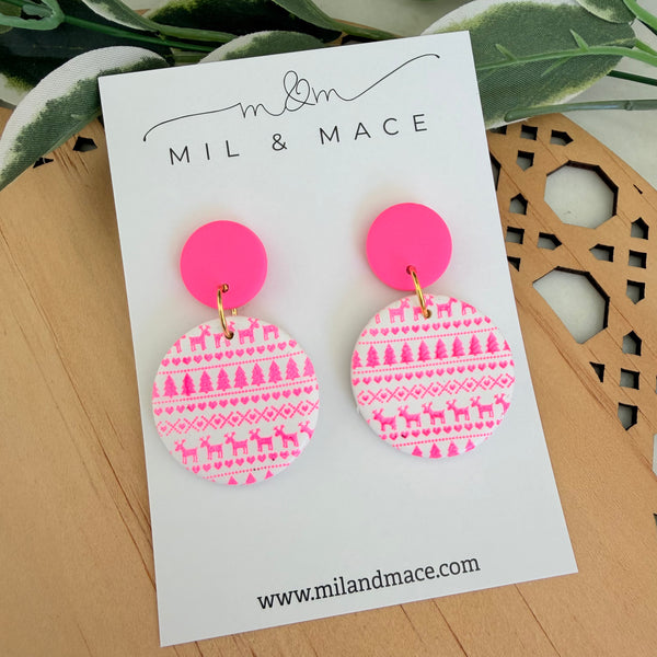 Neon Pink Christmas Polymer Clay Dangle Earrings