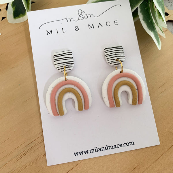 Rainbows Mustard and Pink Polymer Clay Dangle Earrings