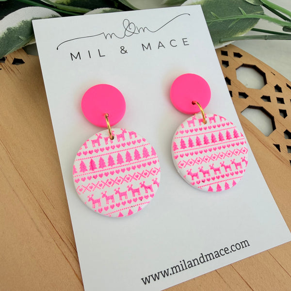 Neon Pink Christmas Polymer Clay Dangle Earrings
