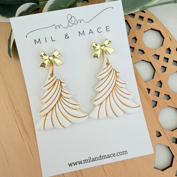 White Christmas Tree Polymer Clay Dangle Earrings