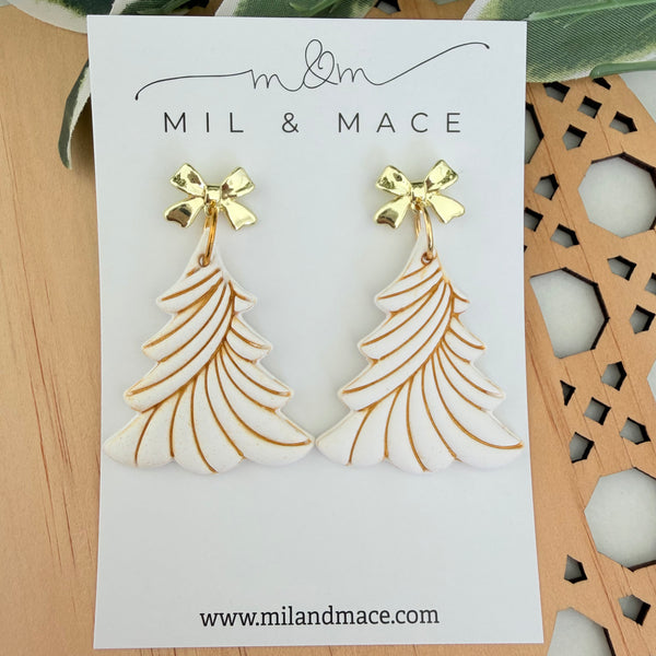 White Christmas Tree Polymer Clay Dangle Earrings