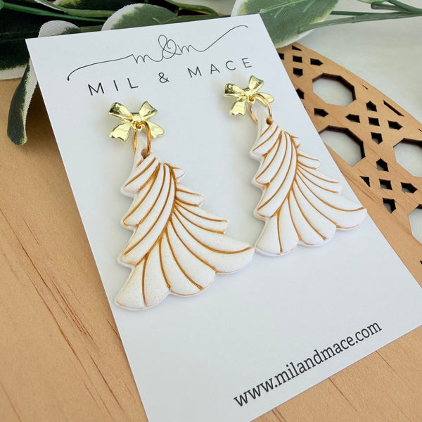 White Christmas Tree Polymer Clay Dangle Earrings