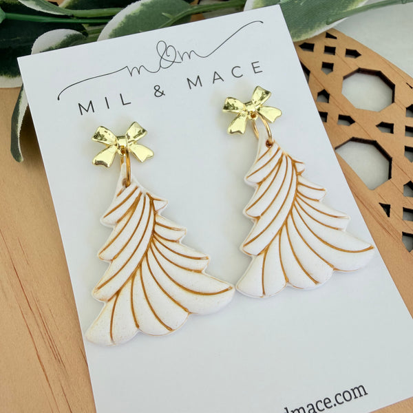 White Christmas Tree Polymer Clay Dangle Earrings
