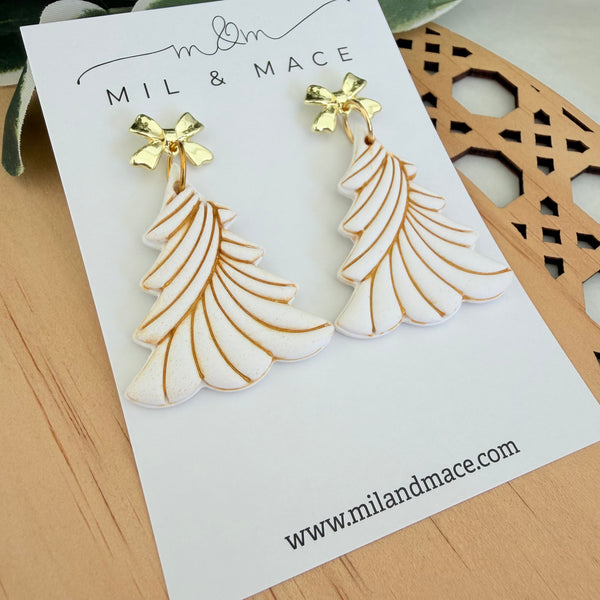 White Christmas Tree Polymer Clay Dangle Earrings