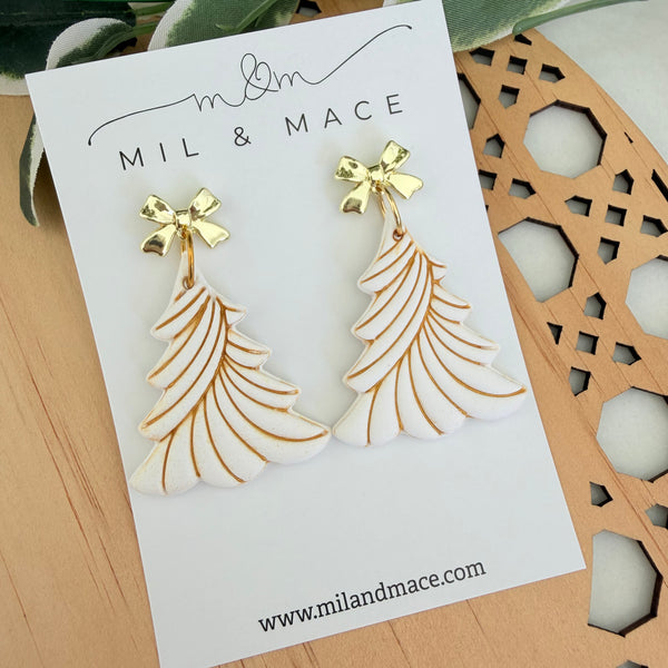 White Christmas Tree Polymer Clay Dangle Earrings