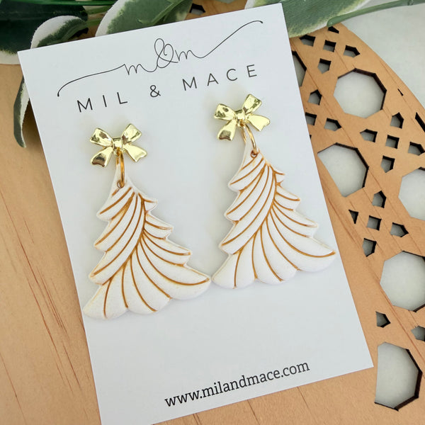 White Christmas Tree Polymer Clay Dangle Earrings