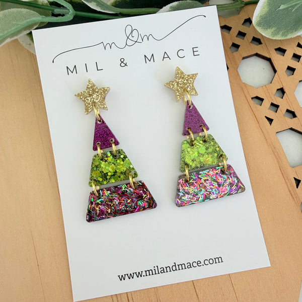 Tiered Christmas Tree Purple and Green Resin Dangle Earrings