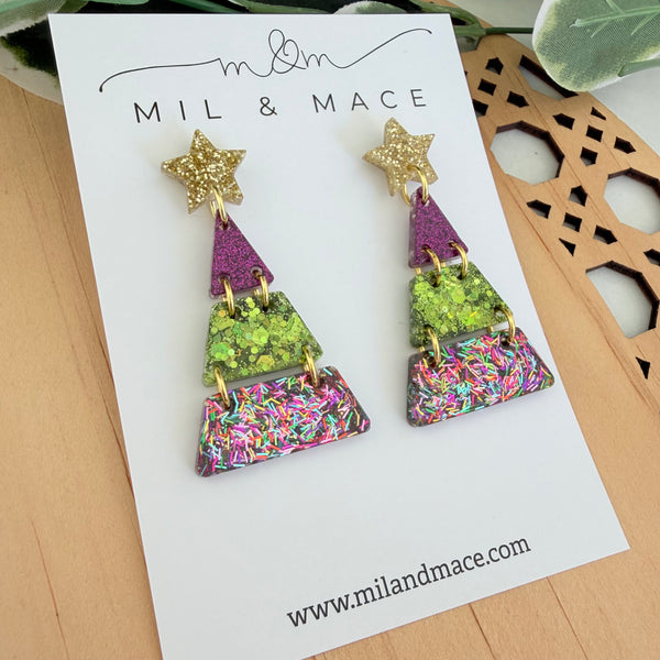Tiered Christmas Tree Purple and Green Resin Dangle Earrings